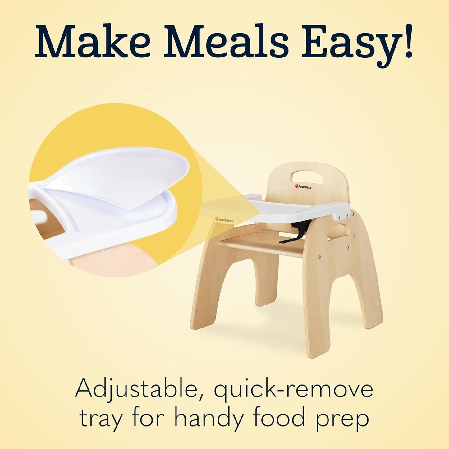 Foundations Easy Serve 11" Wood Feeding Chair for Toddlers, Adjustable Harness, Removable