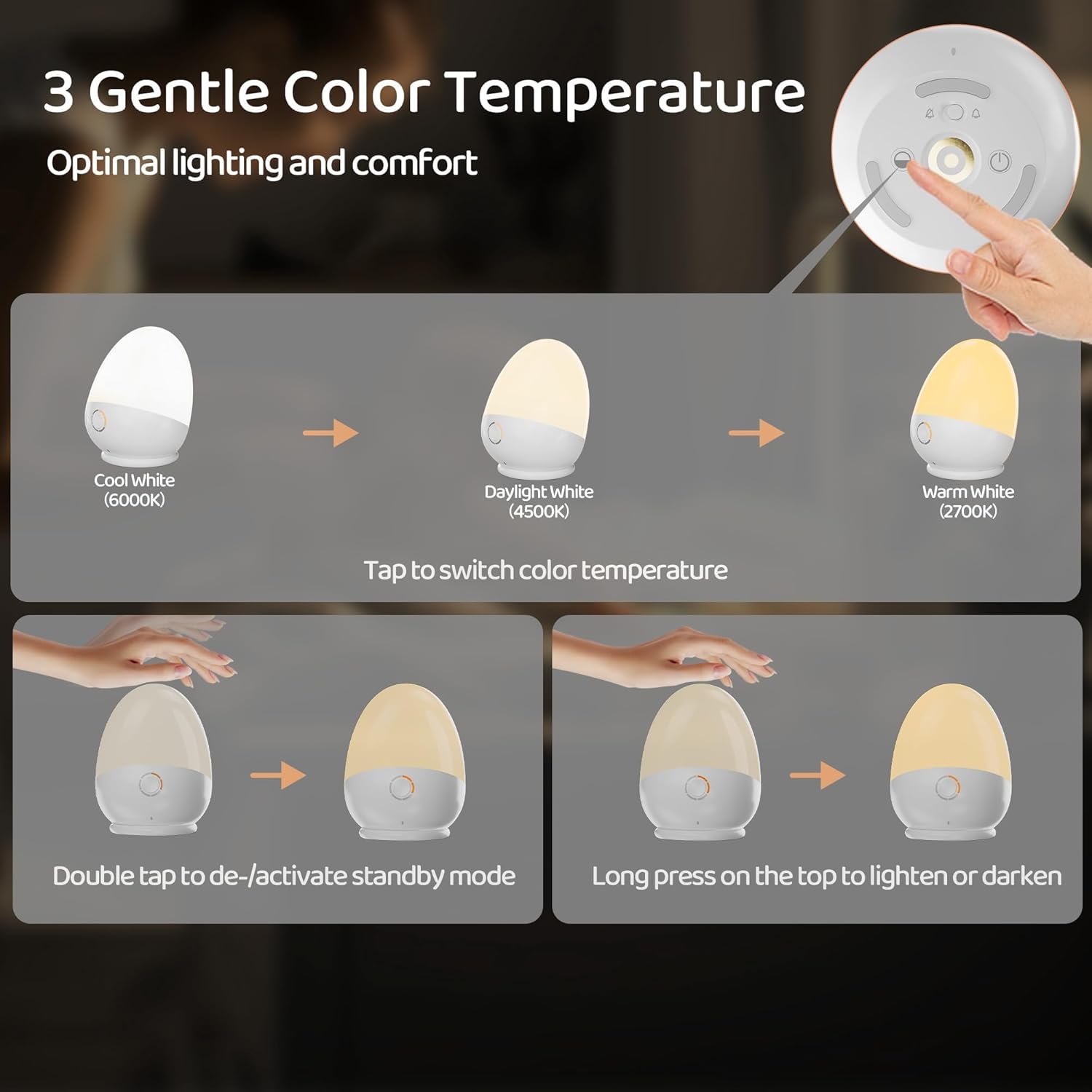 Touch Egg Night Light for Baby Nursery, Rechargeable Portable Kids Nightlight Lamp with 1-6H