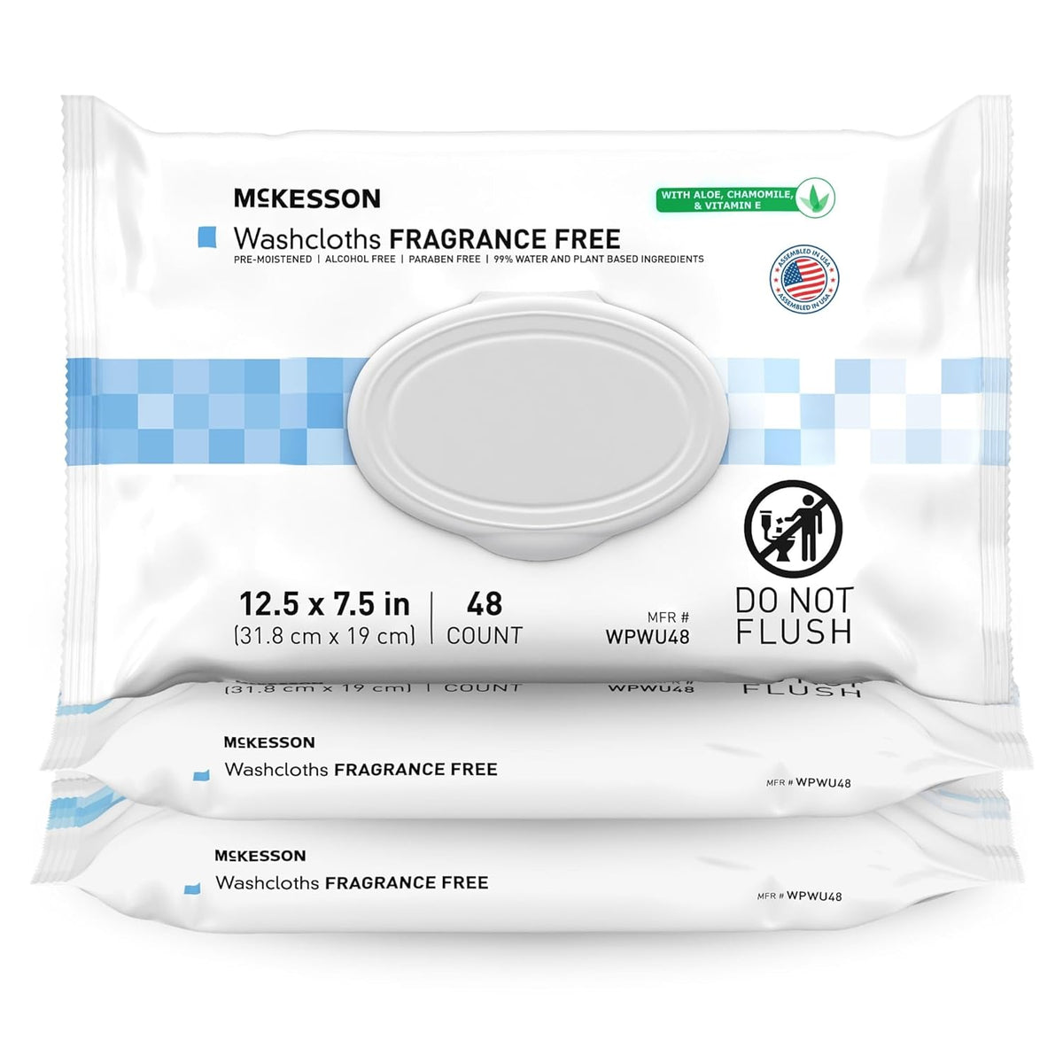 McKesson Washcloth Wipes for Adults, Unscented (3 Pack, 144 Washcloths) Disposable Wash Cloths for
