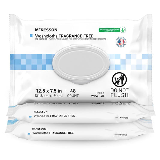 McKesson Washcloth Wipes for Adults, Unscented (3 Pack, 144 Washcloths) Disposable Wash Cloths for