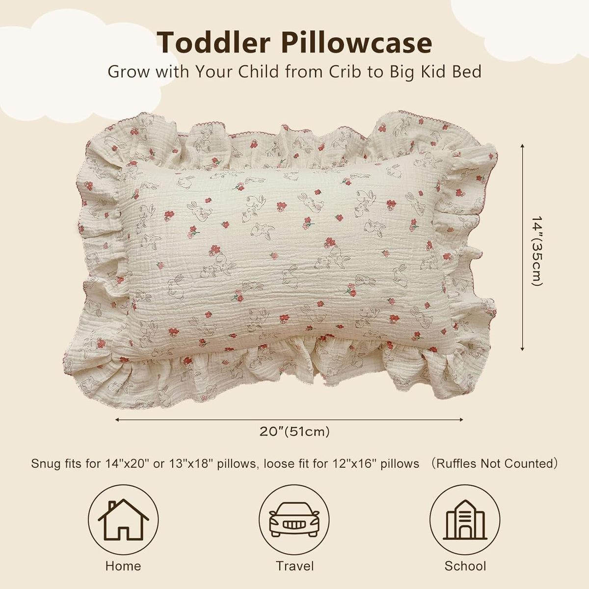 BuLuTu Cute Flower Rabbit Toddler Pillowcase for Girls Boys Soft Breathable Muslin Cotton Kids