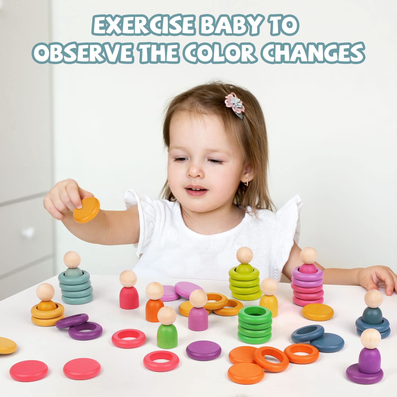 Montessori Toys Wooden Color Sorting Stacking Rings Toy Rainbow Wooden Peg Dolls Counting Toys