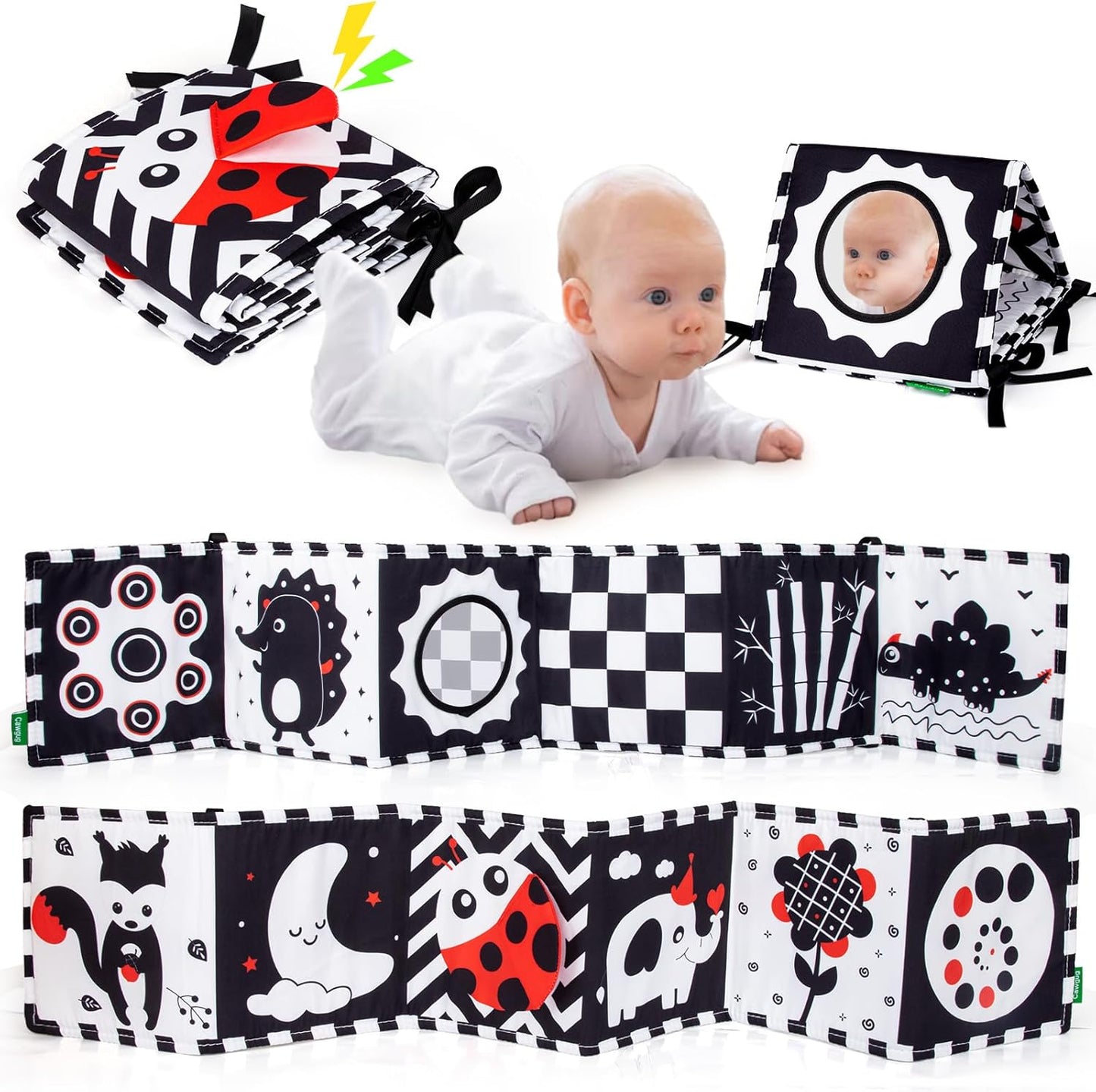 Cawgug Black and White High Contrast Baby Toys for Newborn Brain Development Tummy Time Soft Book