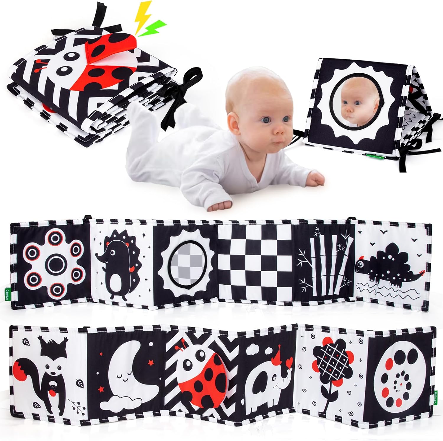 Cawgug Black and White High Contrast Baby Toys for Newborn Brain Development Tummy Time Soft Book