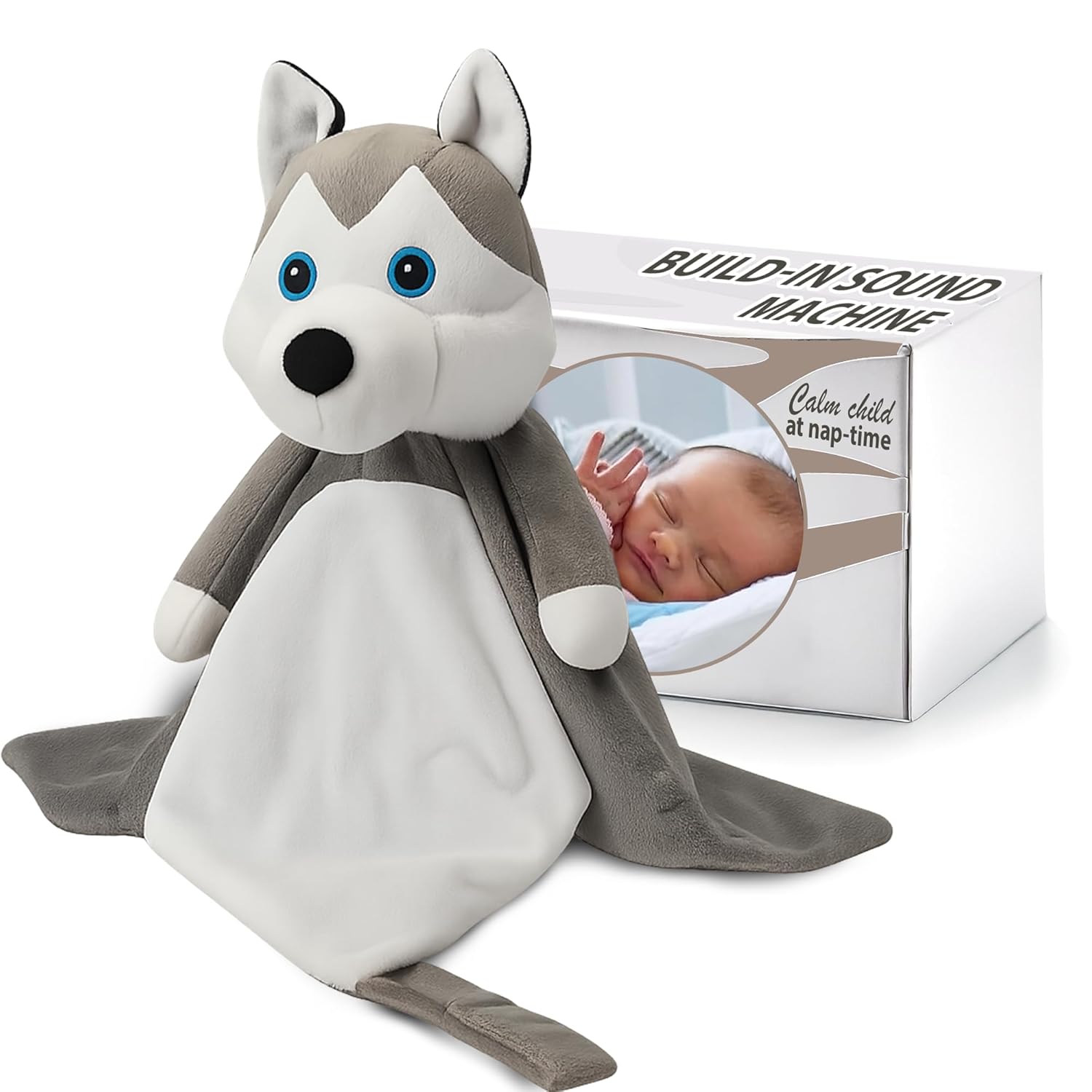 Love By Emi Baby Music Lovey Grey & White Husky, Baby Sleep Soother for Crib & Cuddle Bedtime