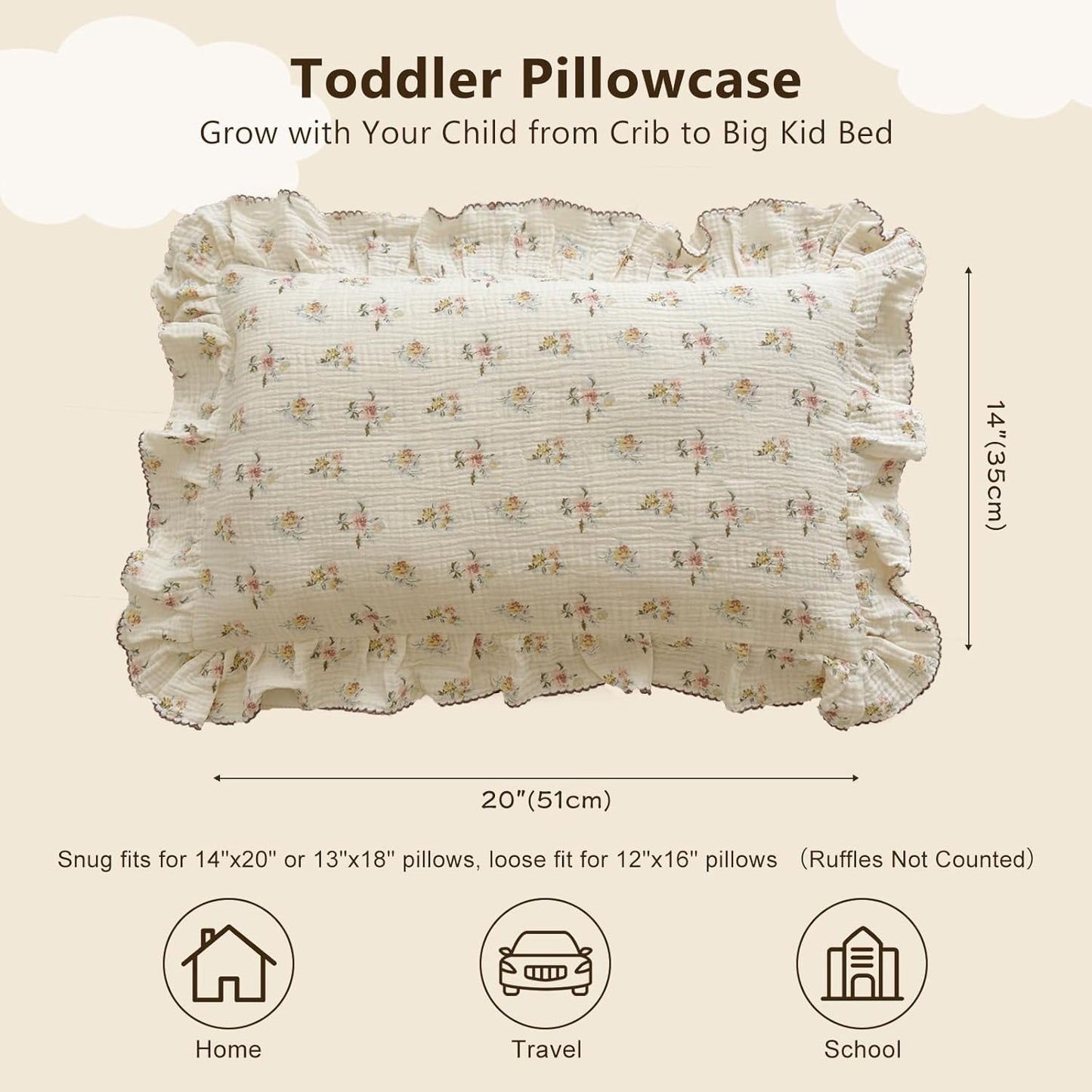 BuLuTu Cotton Muslin Kids Toddler Pillowcase with Cute Azalea Flowers Pattern Super Soft Crib