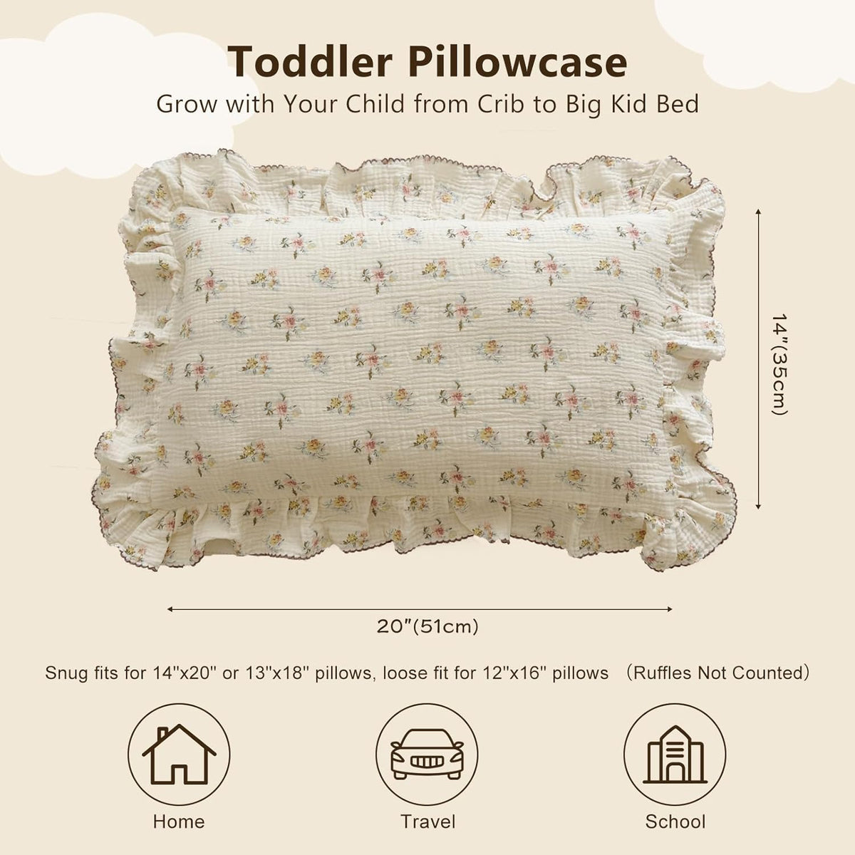 BuLuTu Cotton Muslin Kids Toddler Pillowcase with Cute Azalea Flowers Pattern Super Soft Crib
