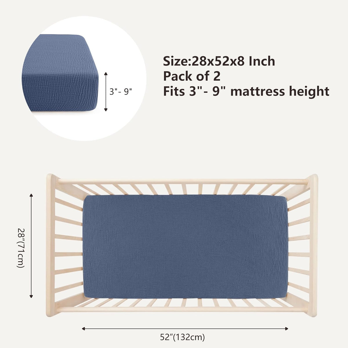 Bearmoss Muslin Crib Sheets 100% Cotton Baby Crib Sheets Soft&Breathable Nursery Sheet 52"x28" for