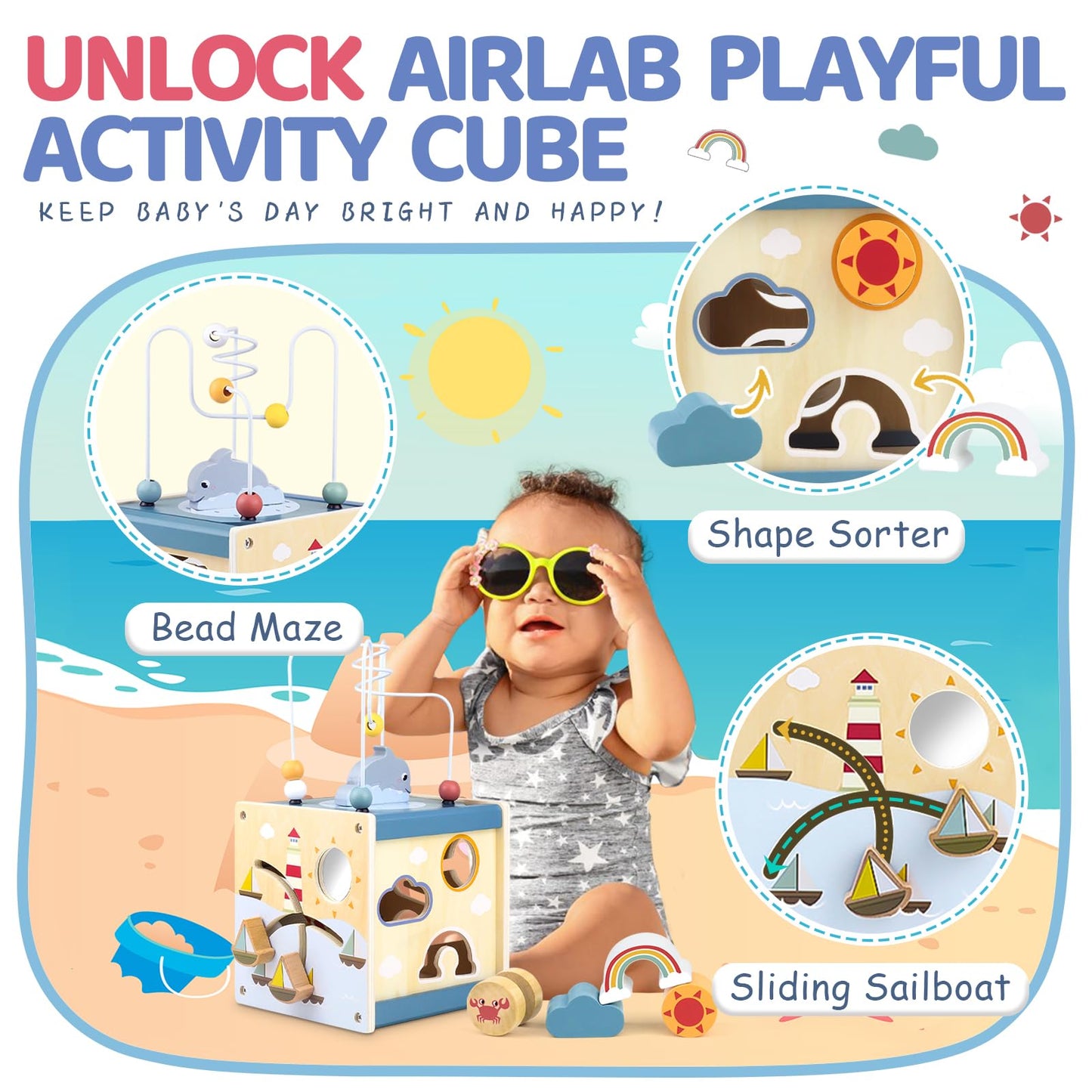 Airlab Wooden Activity Cube Montessori Toys for Boys Girls, Ocean