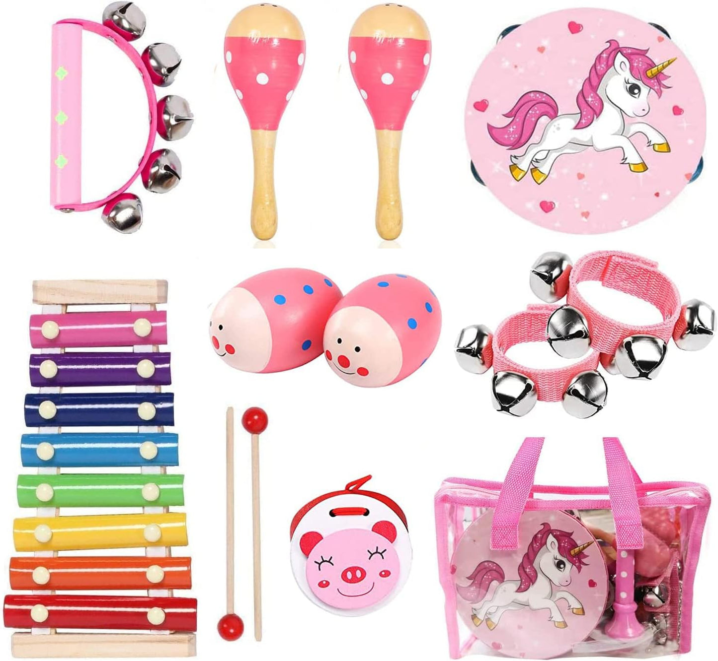 Kids Musical Instruments Sets, 12pcs Wooden Percussion Instruments Toys Tambourine Xylophone for