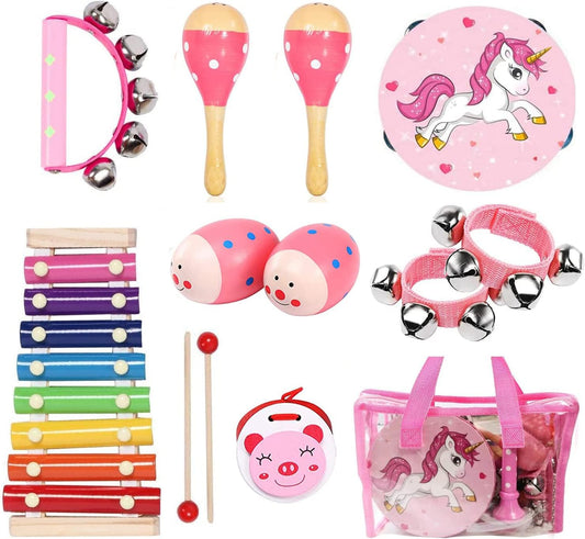 Kids Musical Instruments Sets, 12pcs Wooden Percussion Instruments Toys Tambourine Xylophone for