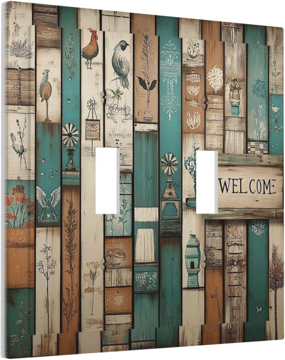 Decorative Switch Plates Vintage Wood Brown Turquoise Splicing 2 Gang Double Toggle Outlet Light