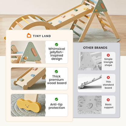 Tiny Land Pikler Triangle Set,7-in-1 Foldable Montessori Toddler Climbing Toys Indoor, Wooden