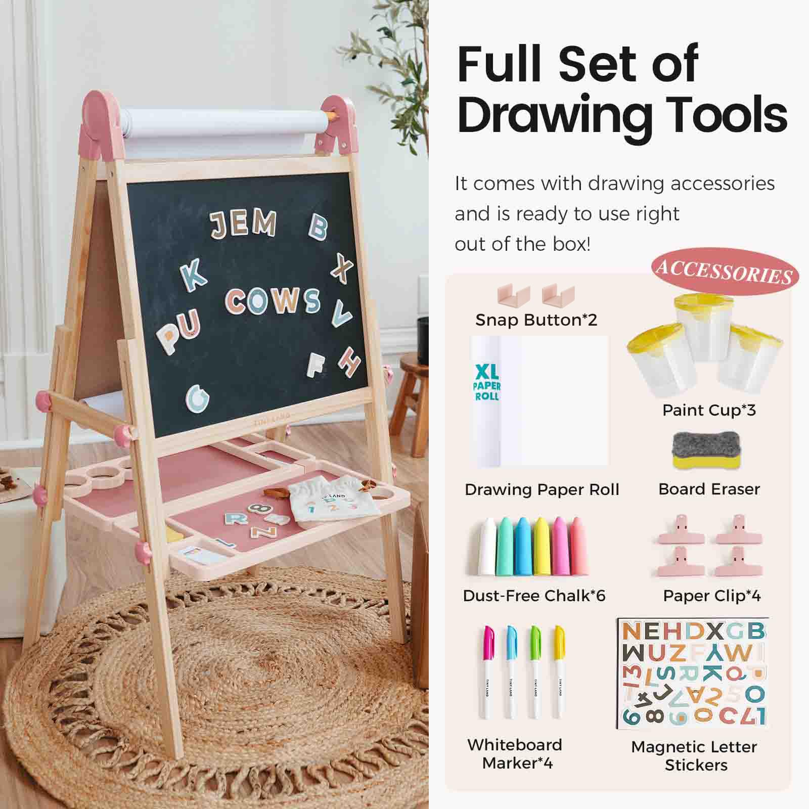 Tiny Land Foldable Wooden Kids Easel with Magnetic Letters & Numbers