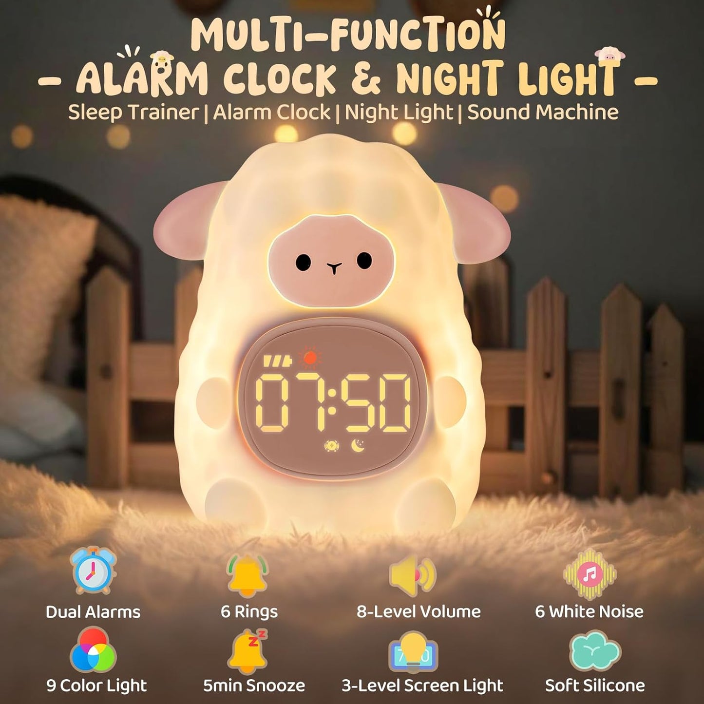 Sheep Alarm Clock with Night Light for Kids with Sleep Training and Sound Machine, Rechargeable