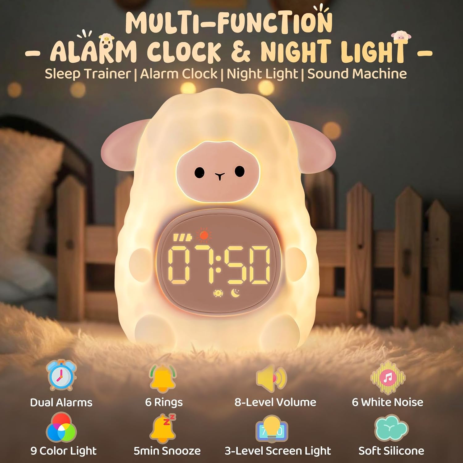 Sheep Alarm Clock with Night Light for Kids with Sleep Training and Sound Machine, Rechargeable