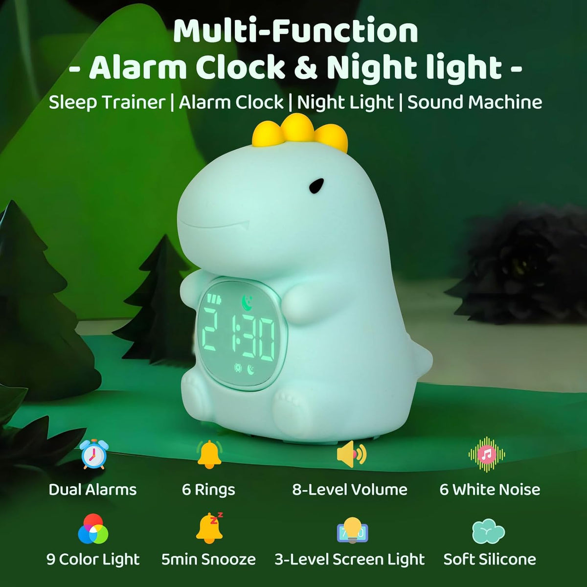 Dinosaurs Alarm Clock with Night Light for Kids with Sleep Training and Sound Machine, Rechargeable