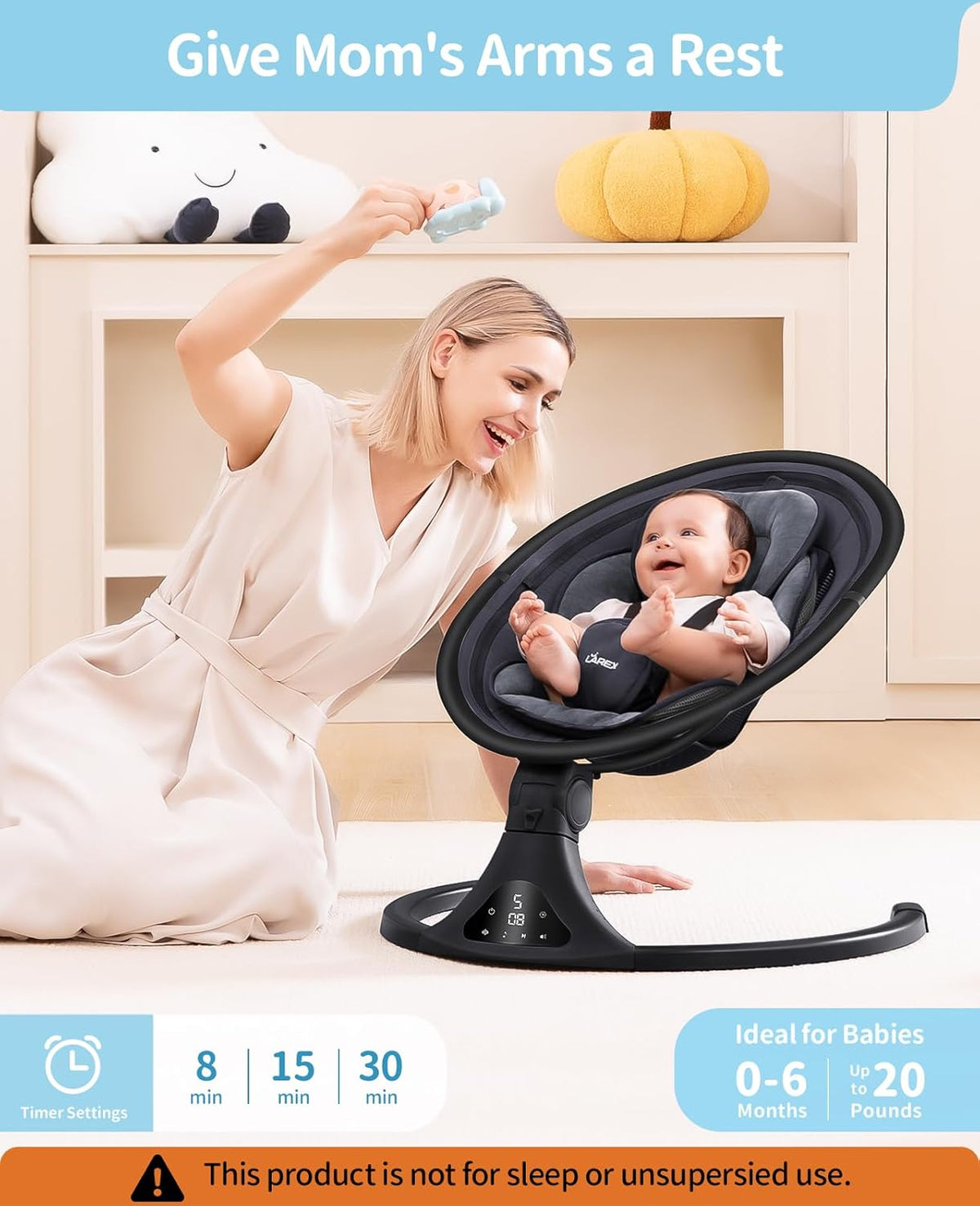 LAREX Baby Swing to Toddler Electric Infant Swing Portable for Newborn Boy Girl, 5 Sway Speeds with