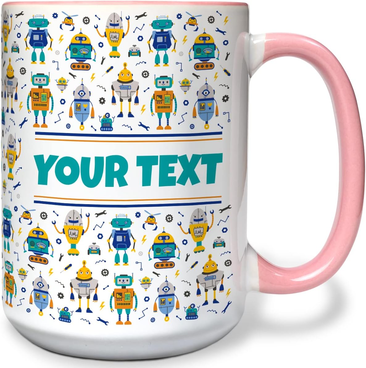 Personalized Mug for Kids - Robots - Custom Name/Text, Ceramic Hot Chocolate/Cocoa/Coffee Cup for