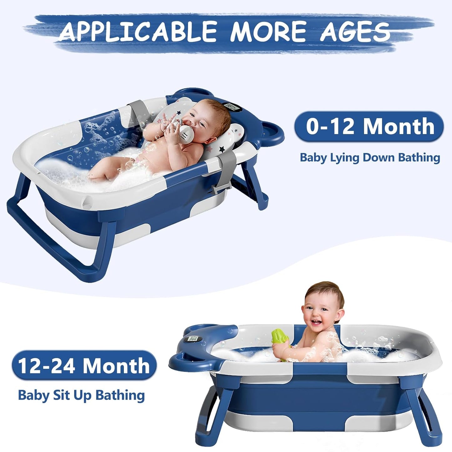 MoreFeel Collapsible Baby Bathtub for Newborn with Thermometer & 1 Soft Floating Cushion & 1 Bath