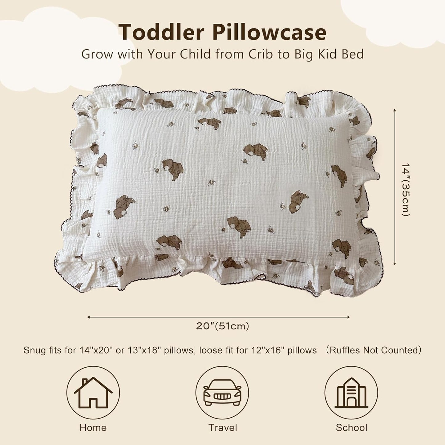 BuLuTu Cartoon Bear Muslin Pillowcase for Boys Girls Cute Animal Print Toddler Pillow Cases Soft