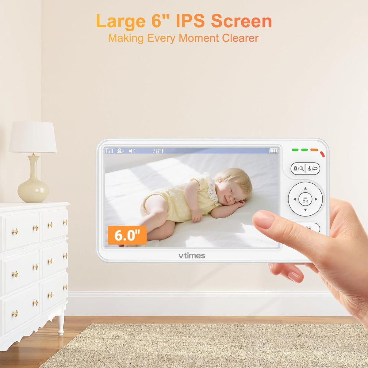 Baby Monitor with Camera and Audio, 6'' IPS Screen with 30-Hour Battery, Baby Monitor No WiFi Night