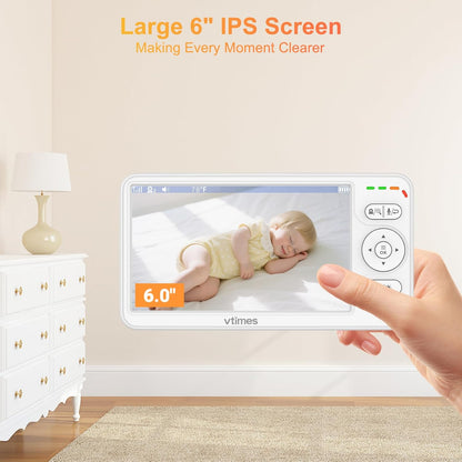 Baby Monitor with Camera and Audio, 6'' IPS Screen with 30-Hour Battery, Baby Monitor No WiFi Night
