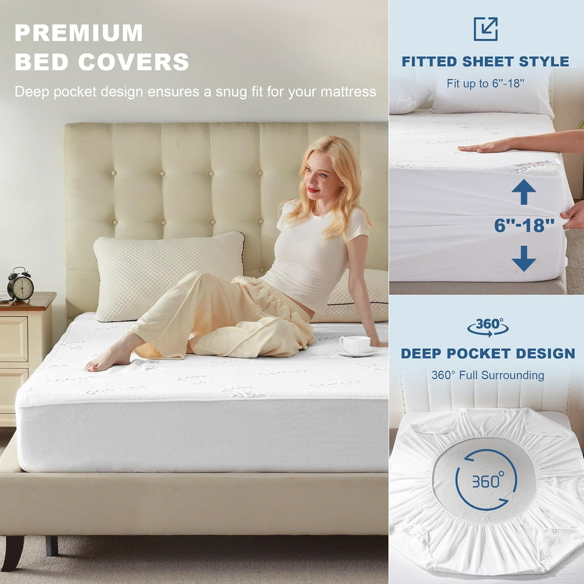 Waterproof King Size Mattress Protector, Mattress Pad Fitted 6"-18" Deep Pocket, 3D Air Fabric Bed