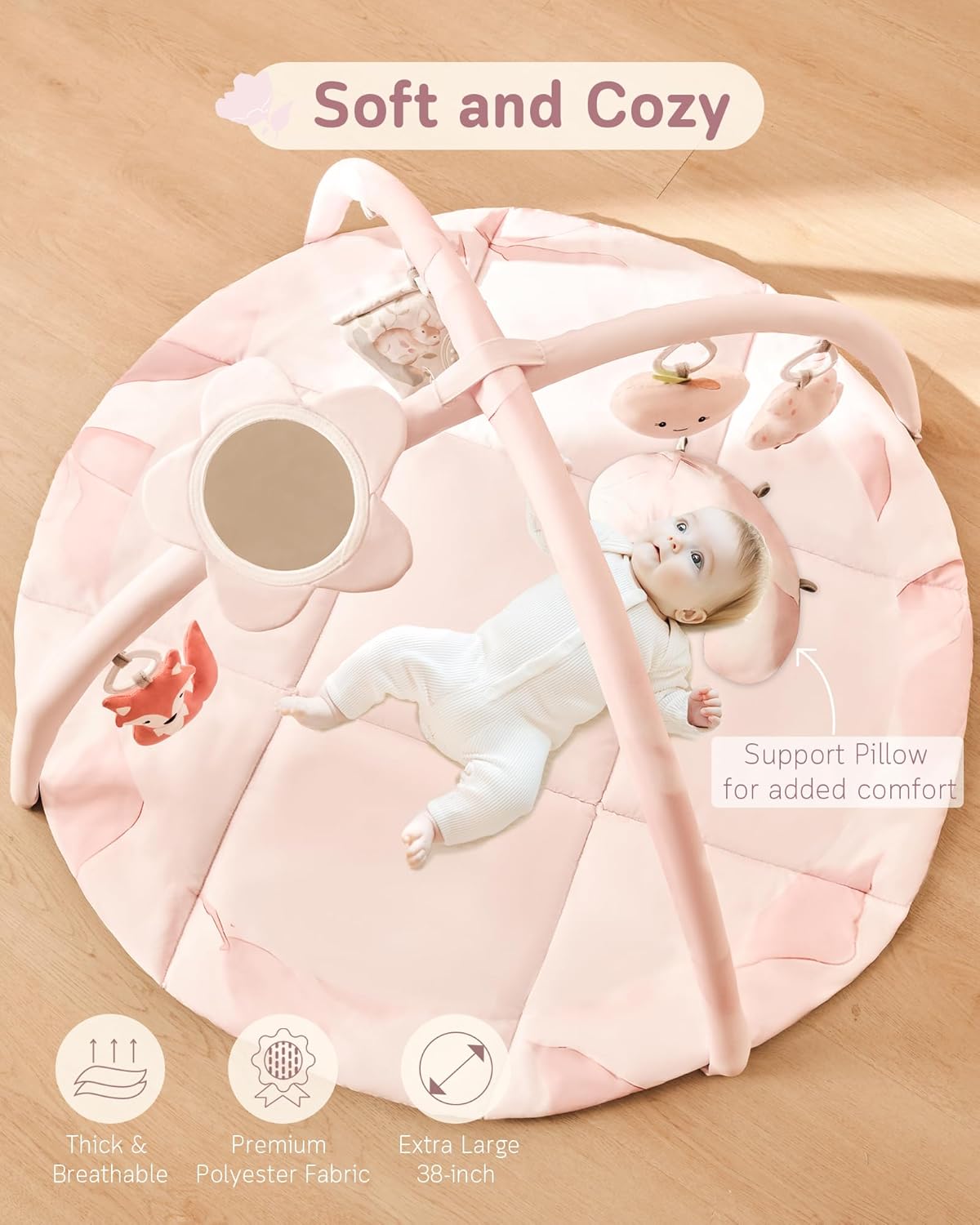 Fortella Baby Play Gym & Activity Mat, Tummy Time Mat w 5 Detachable Toys and Pillow, Large Sensory