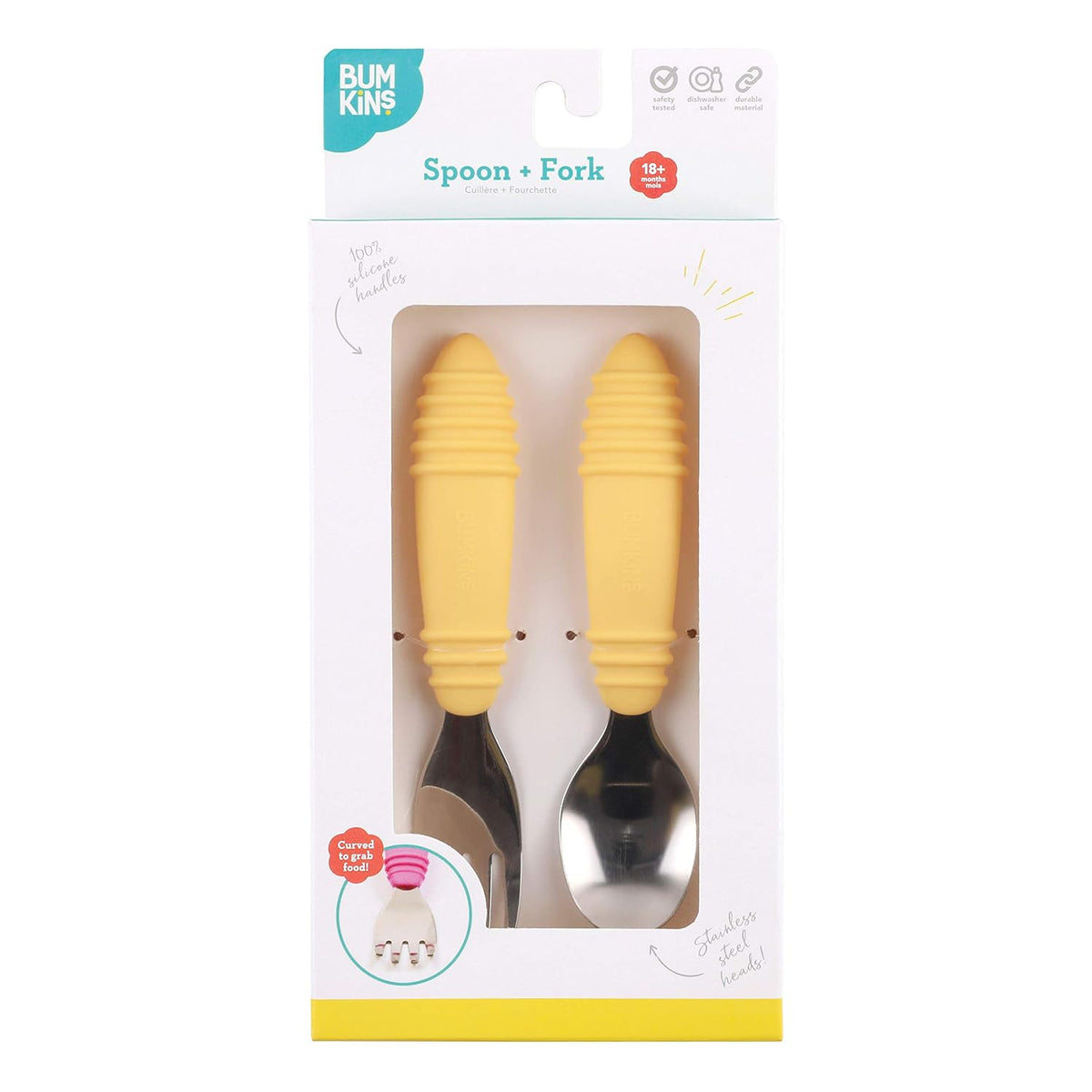 Bumkins Toddler Utensils, Kids Size Fork and Spoon Set, Silicone and Stainless-Steel Training