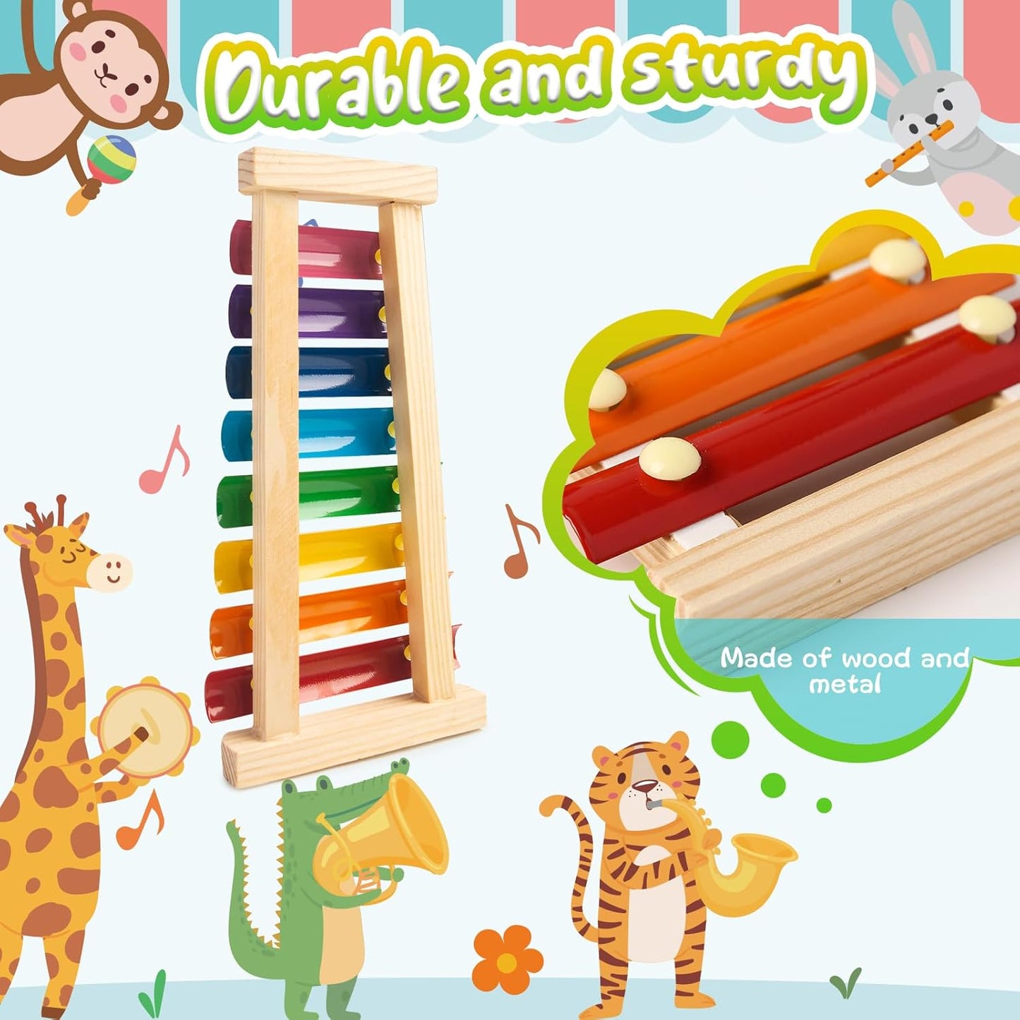 LovesTown Wooden Xylophone Musical Toy, 8 Rainbow Keys, 2 Mallets, Educational Instrument for