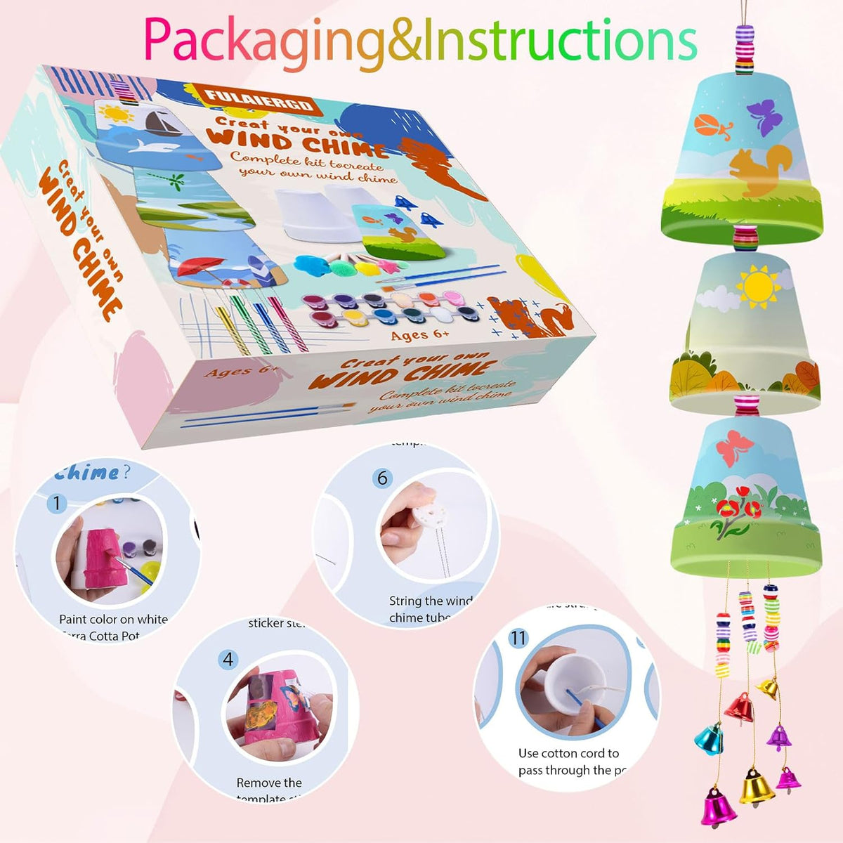 FULAIERGD 3 Pack Wind Chime Making Kit for Kids- Wind Chime Craft Painting Kit-Ceramic Pot, Bells