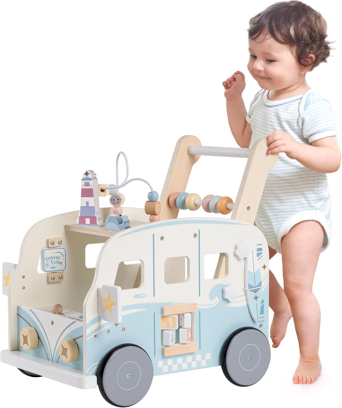 ROBOTIME Wooden Baby Walker, Baby Push Walker, Baby Activity Center Toys, Ajustable Speed