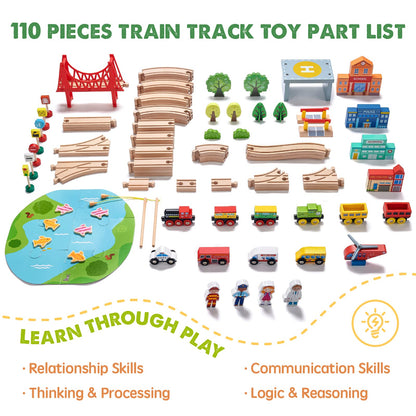 Tiny Land 110PCS Wooden Train Set, Toy Train with Tracks