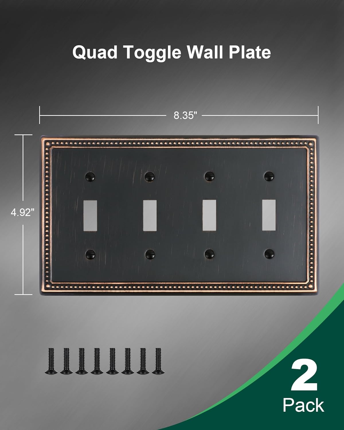 2-Pack Quad Toggle Light Switch Cover Plate, 4 Gang Metal Switch Plate Covers, Aged Bronze Pearls