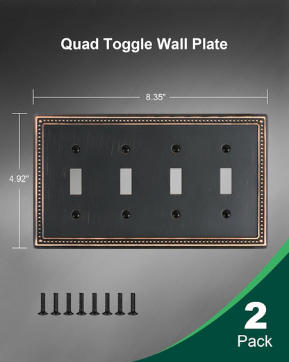 2-Pack Quad Toggle Light Switch Cover Plate, 4 Gang Metal Switch Plate Covers, Aged Bronze Pearls
