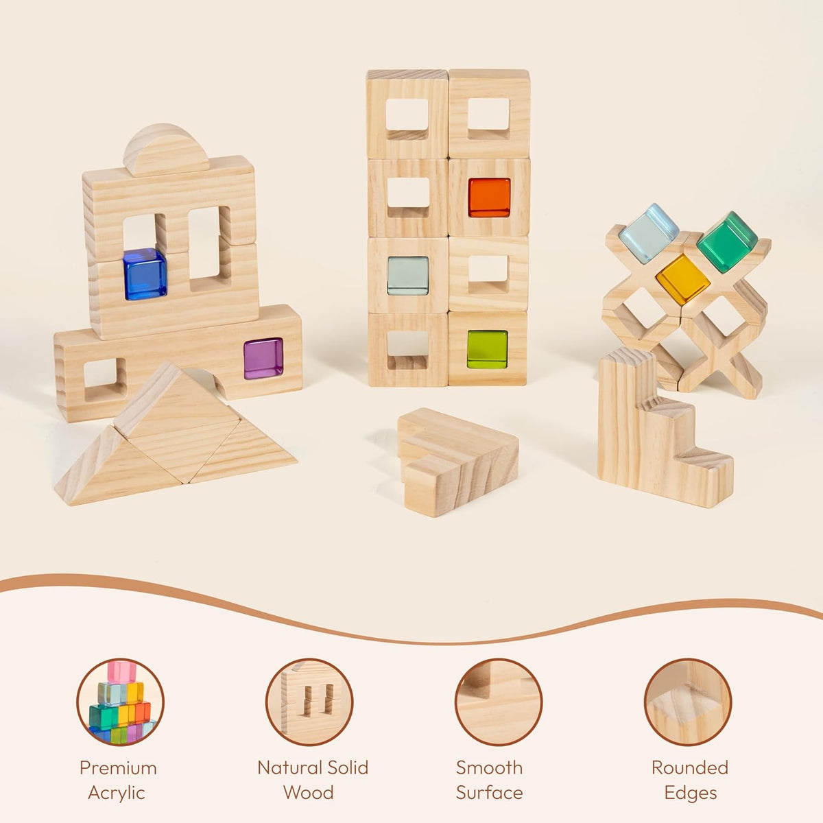 Wooden Rainbow Building Blocks Set for Kids, 22 PCS Wooden Blocks & 25 PCS Gem Cubes Stacking
