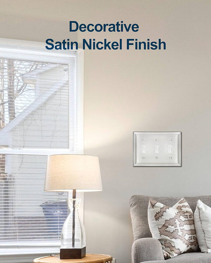 2-Pack Light Switch Cover, Satin Nickel Triple Toggle Wall Plate, Metal Switch Plate Cover