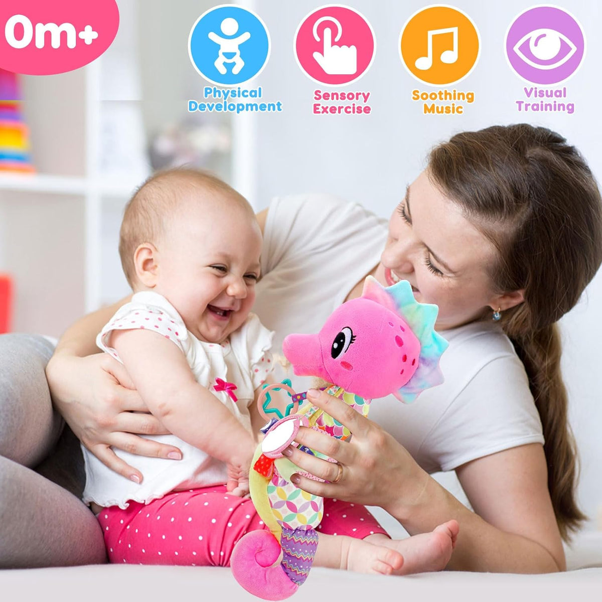 Baby Sensory Toys 0-6 3-6 Months Musical Stuffed Animal Plush Pink Seahorse for Infant 6-12 Month