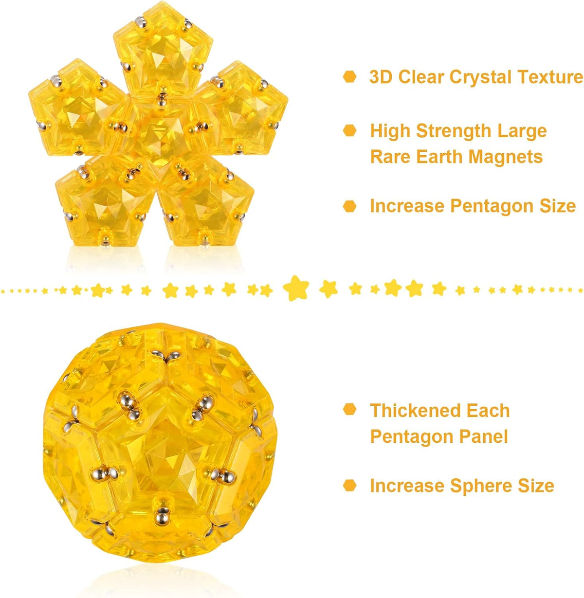 RoomyRoc Magnetic Fidget Sphere - Pentagons Magnets Balls - 12 Piece Set - Crystal Orange - Magnet