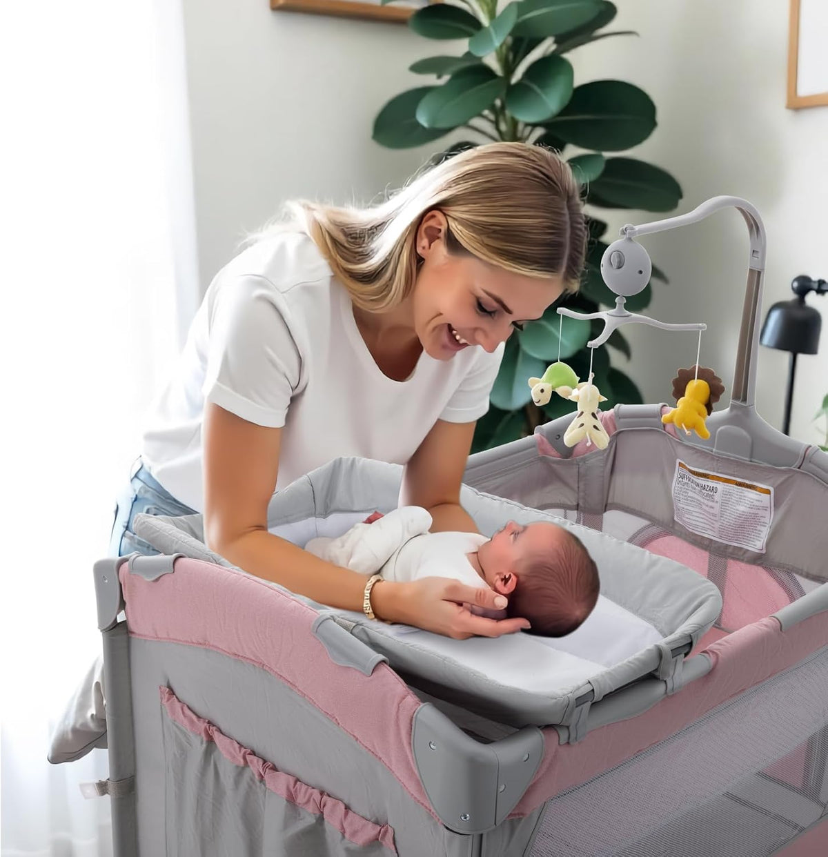 5 in 1 Baby Crib,Bedside Sleeper,Bassinet,Pack and Play with Bassinet and Changing Table,Portable