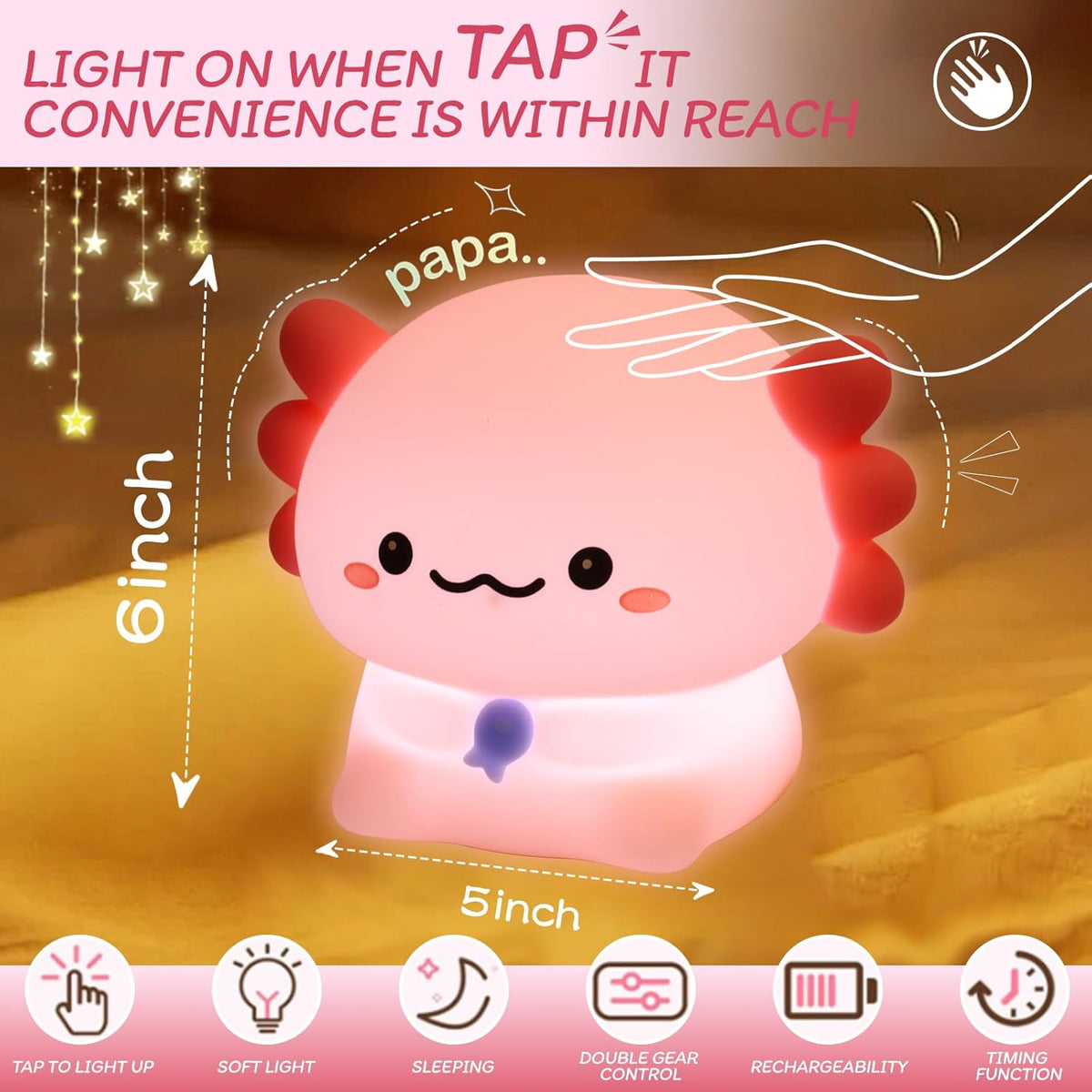 Axolotl Night Light for Kids - 3-Level Dimmer & Auto-Off Timer, Child-Safe Silicone Lamp, USB-C
