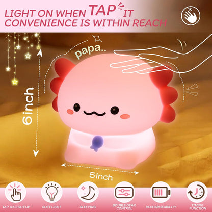Axolotl Night Light for Kids - 3-Level Dimmer & Auto-Off Timer, Child-Safe Silicone Lamp, USB-C