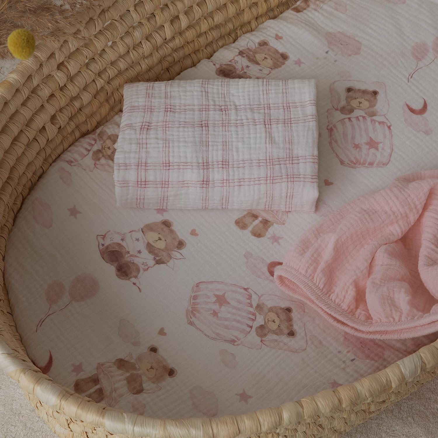 Gllquen Baby Muslin Bassinet Sheets 3 Pack, Breathable Elastic Cozy Fitted Cotton Bassinet Mattress