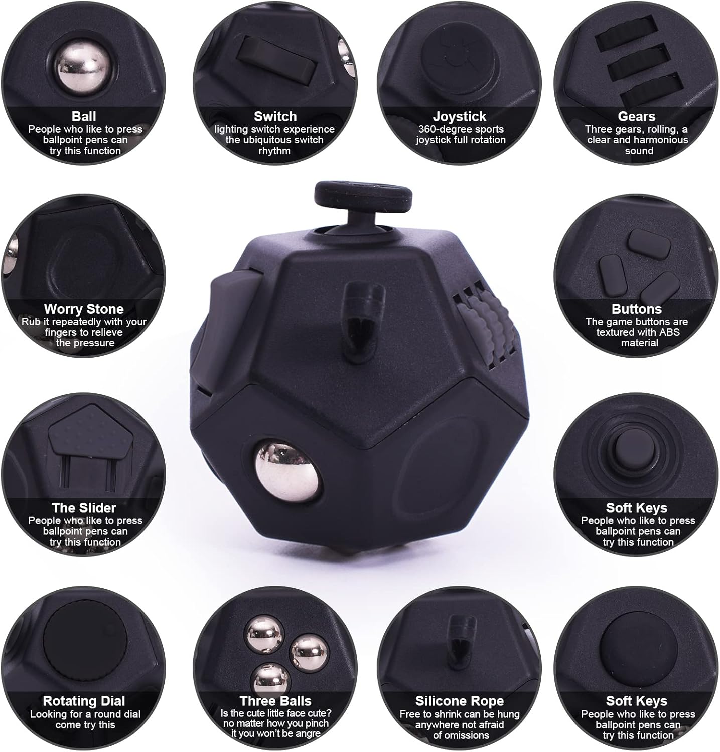Mini Fidget Toys, Cool Black 12 Sided Fidgets Toy Cubes for Kids Adults with Anxiety ADHD Autism