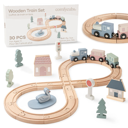 Comfy Cubs 30-Piece Wooden Train Set for Toddlers Ages 1+, Fun & Eco Friendly Toddler Train Set