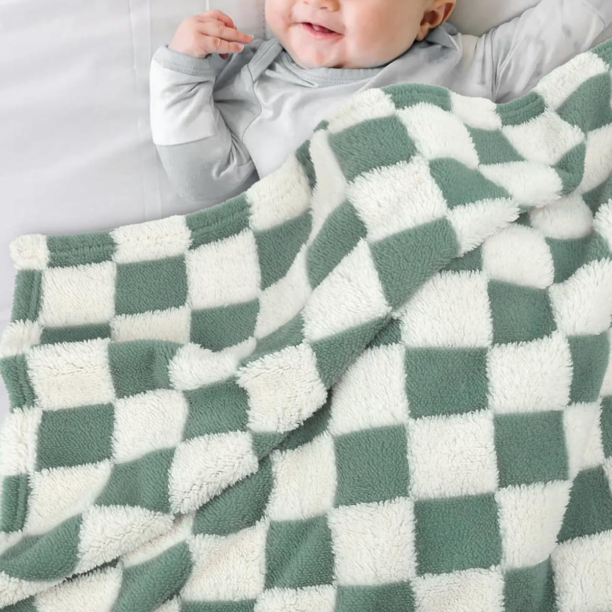 HOMRITAR Checkered Baby Blanket for Boys Sage Green Soft Fluffy Fuzzy Blankets with 3D Chessboard
