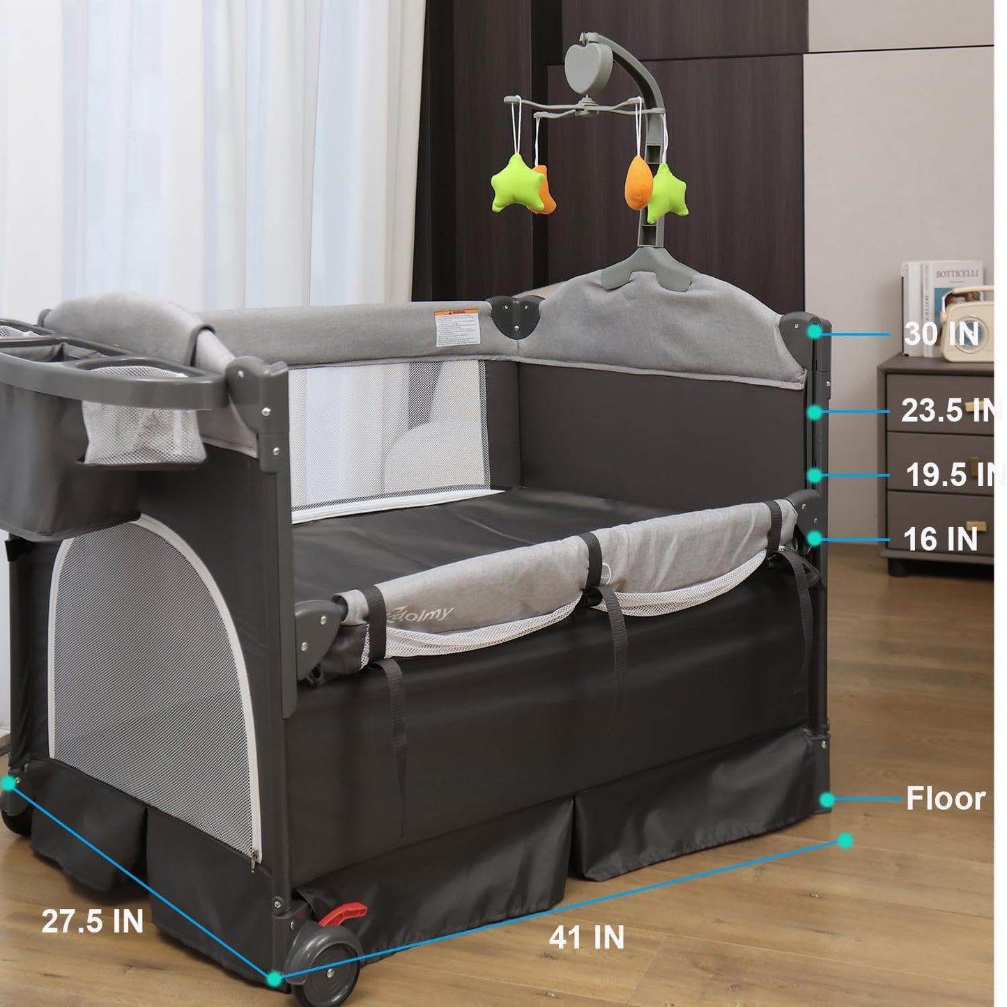 Zdolmy Baby Bedside Sleeper Bassinet, 4-in-1 Pack and Play with Bassinet w/Diaper Changing Table &