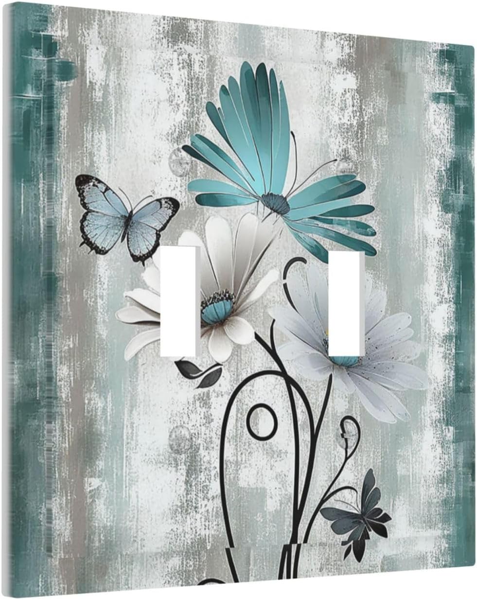 Decorative Switch Plates Rustic Teal Daisy Floral Flowers Butterfly Wood Grain 2 Gang Double Toggle
