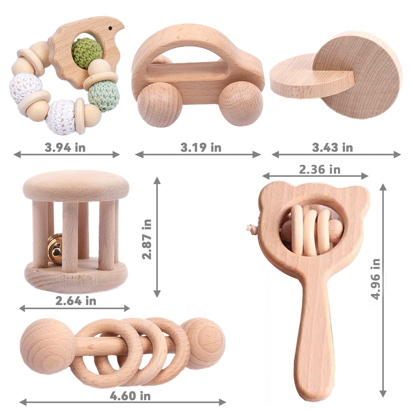 6 Pieces Toy Set- Wooden Baby Toys for Babies 0-6 Months,Wooden Toys for Babies Rattles with